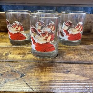 Set Of 4 Vintage Santa Reindeers Coca Cola 12 Oz gold rim Highball Glasses
